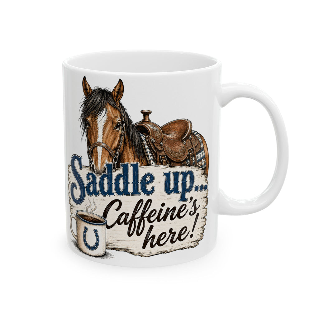 Saddle Up horse coffee mug, 11oz ceramic, side view with handle