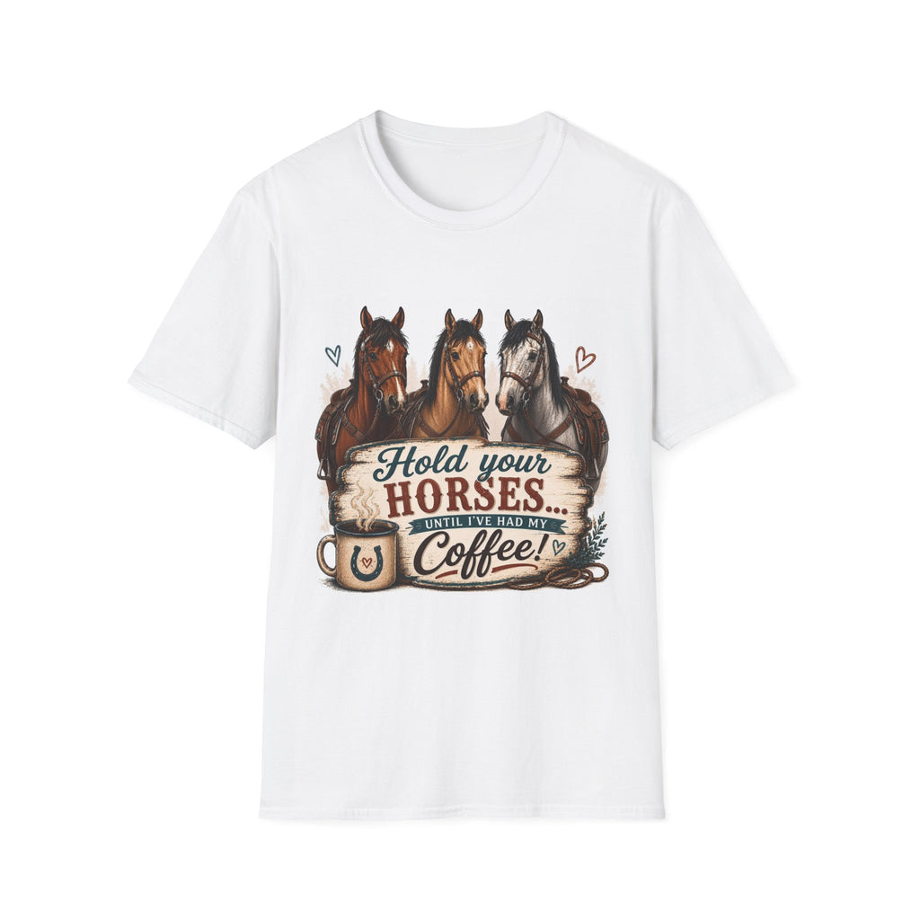 Hold Your Horses horse coffee graphic tee on model, white unisex fit