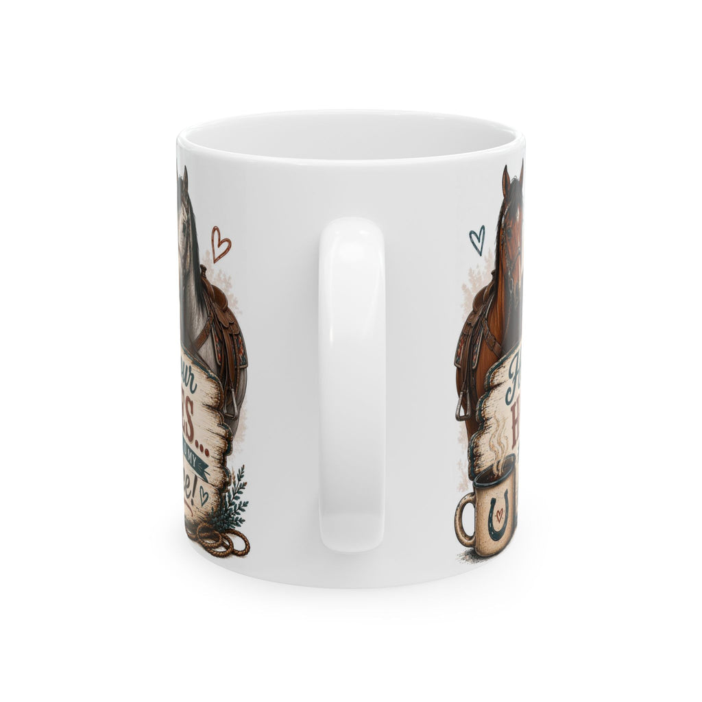 Hold Your Horses horse coffee mug, 11oz ceramic, angled front view
