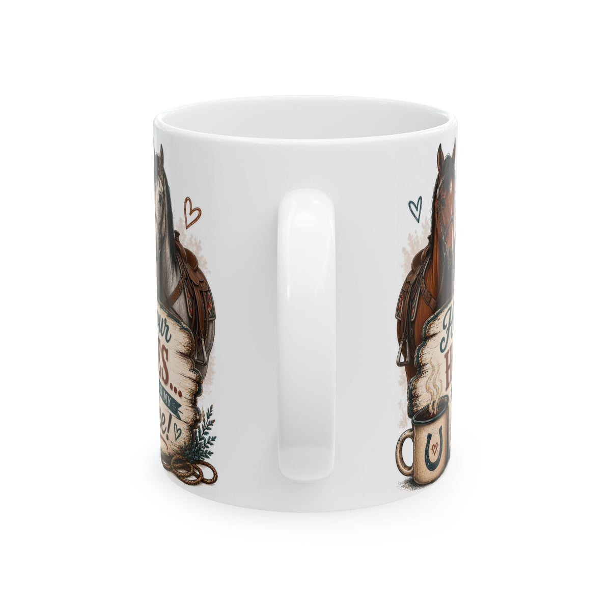 Hold Your Horses horse coffee mug, 11oz ceramic, angled front view