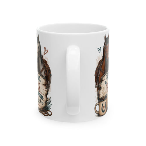 Hold Your Horses horse coffee mug, 11oz ceramic, angled front view