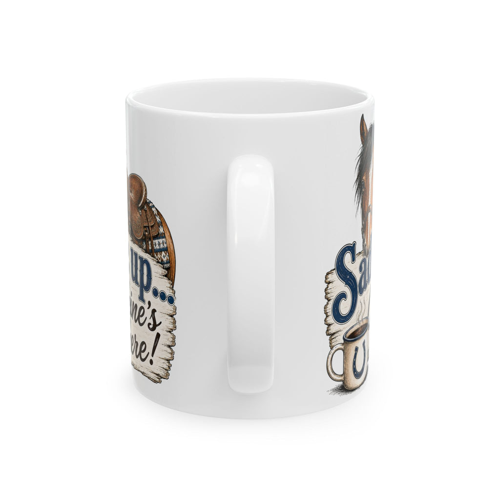 Saddle Up horse coffee mug, 11oz ceramic, angled front view showing artwork