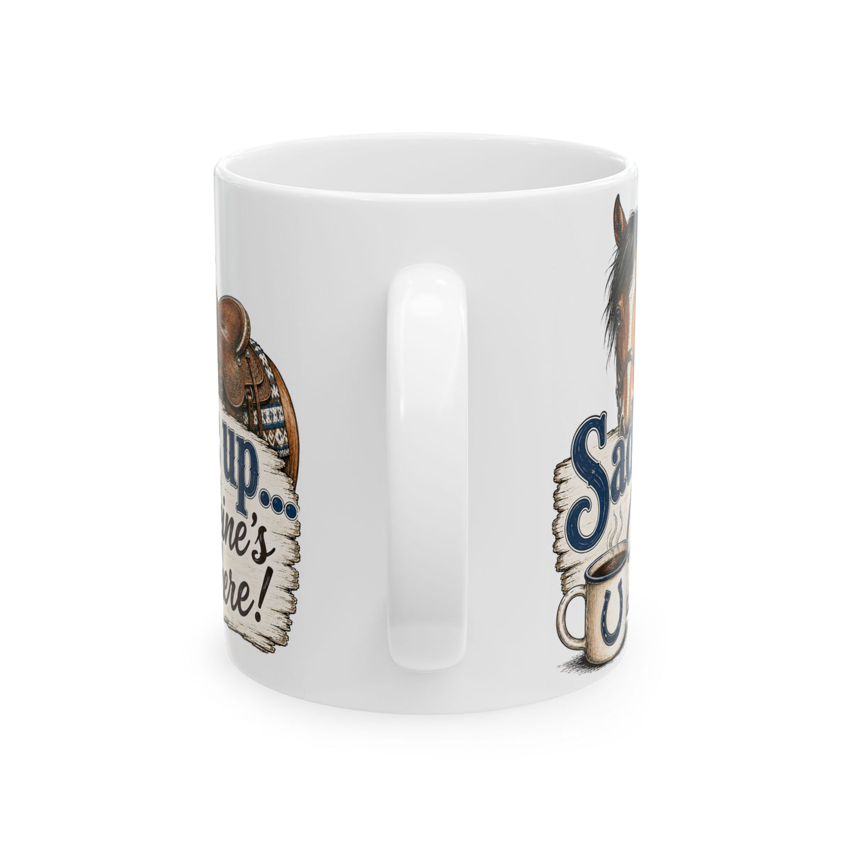 Saddle Up horse coffee mug, 11oz ceramic, angled front view showing artwork