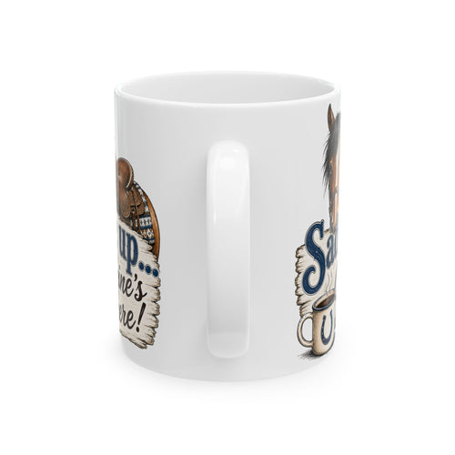 Saddle Up horse coffee mug, 11oz ceramic, angled front view showing artwork
