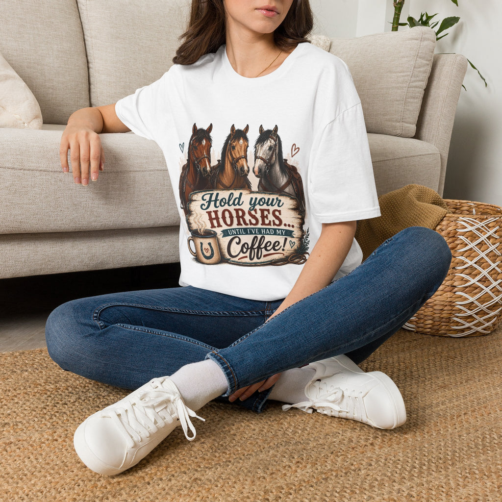 "Hold Your Horses" white unisex t-shirt with three-horse coffee graphic, front view