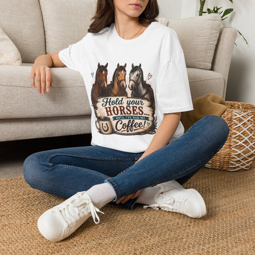 "Hold Your Horses" white unisex t-shirt with three-horse coffee graphic, front view