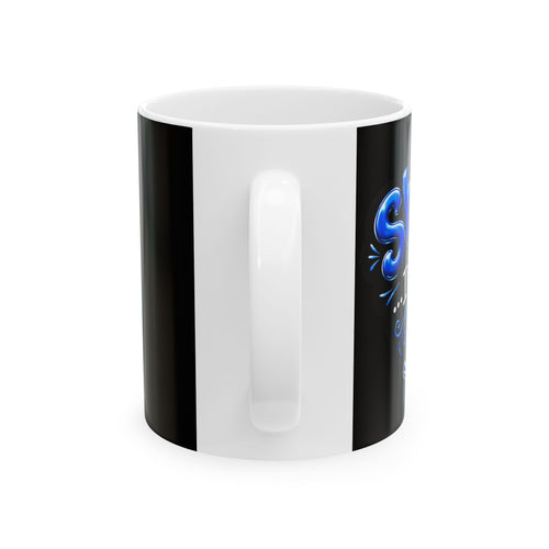 "Shhh... I'm Almost Done" printed on 11oz black ceramic coffee mug, front design view