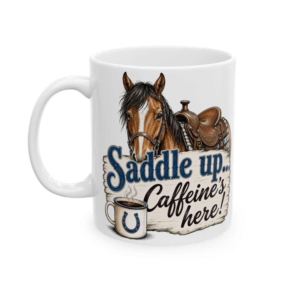 Saddle Up horse coffee mug, 11oz ceramic, back view