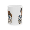 "Saddle Up... Caffeine's Here!" horse coffee mug, 11oz white ceramic, front design view
