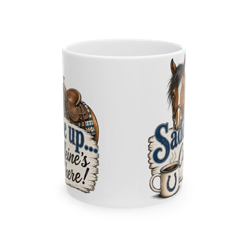 "Saddle Up... Caffeine's Here!" horse coffee mug, 11oz white ceramic, front design view